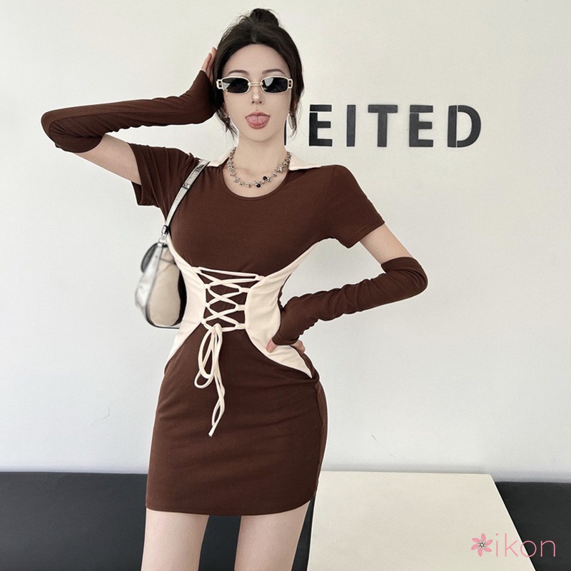 Women's Slim Dress Color Contrast Sexy Korean Turn down Collar Dress