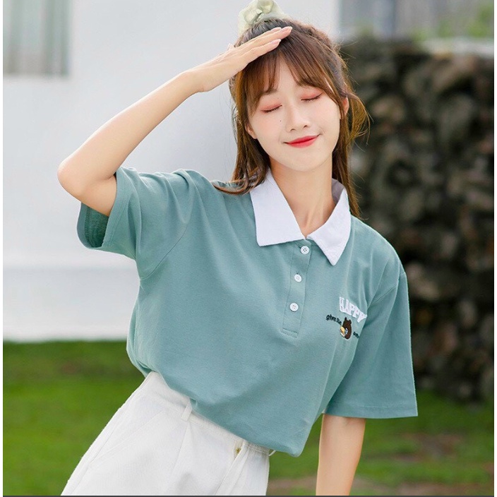 Áo Polo Nữ Form Rộng Unisex IN CHÚ GẤU HAPPY Freesize Áo Thun Nam Nữ Form Rộng TTQ0024