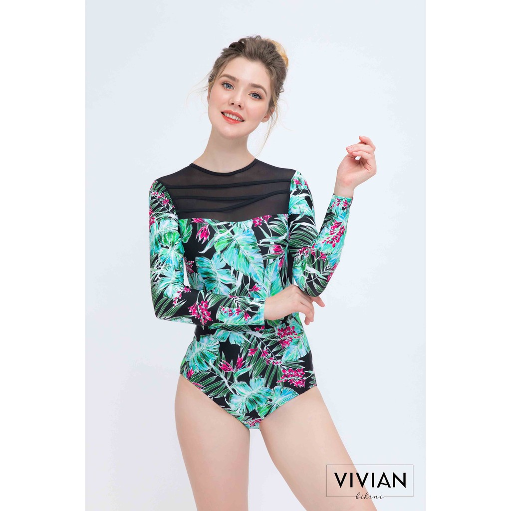 Đồ bơi Nữ VIVIAN kiểu Một mảnh tay dài lưng phối lưới- màu Floral - VS065_FLO