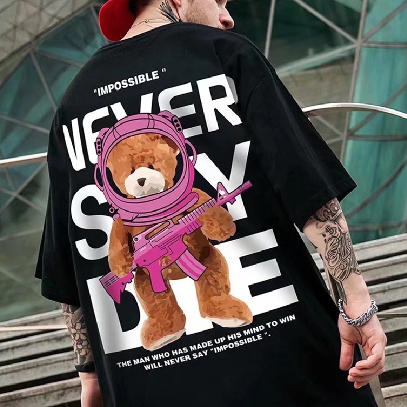 Áo Thun Mùa Hè Dáng Suông Cổ Thuyền Phong Cách Hong Kong In Họa Tiết Hoạt Hình Cho Nam Size M-8XL ​Áo Thun Ngắn Tay Oversize In Họa Tiết Gấu Xinh Xắn Theo Phong Cách unisex