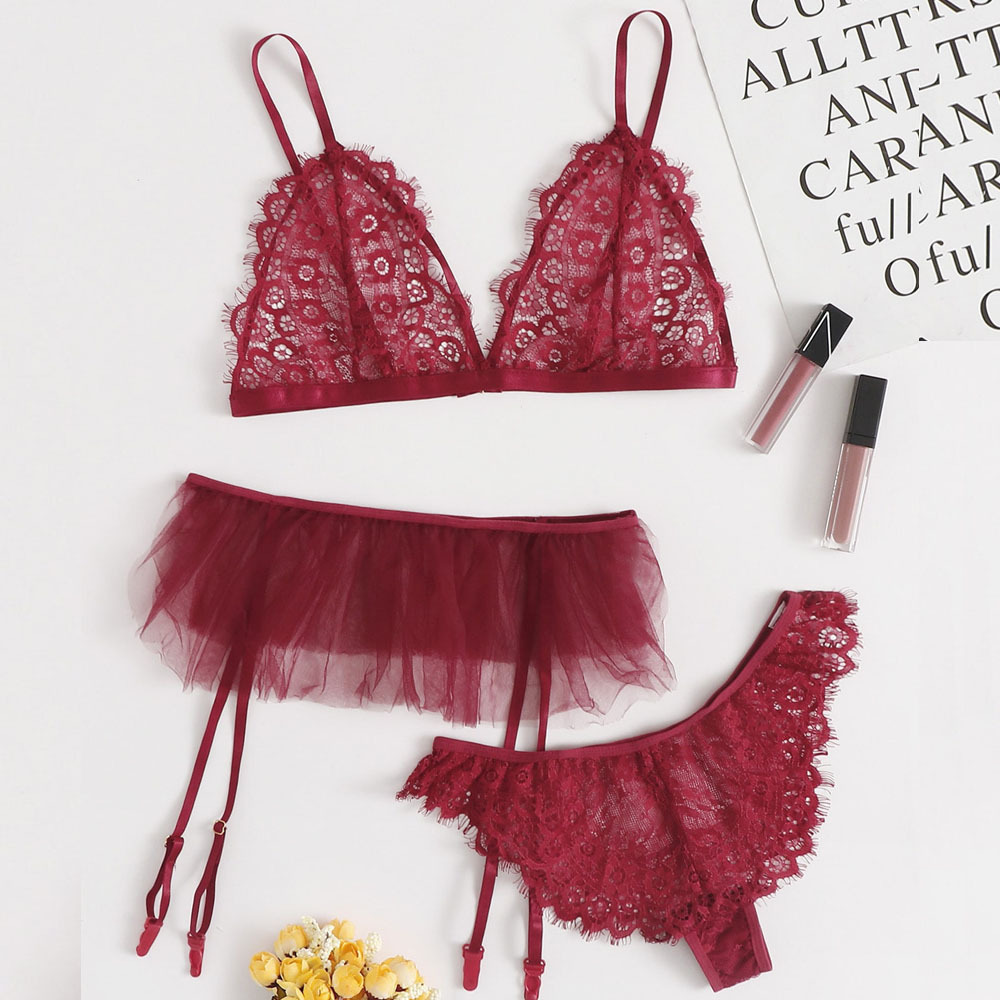 Set Đồ Lót Ren Kèm Nịt Bít Tất Quyến Rũ Cho Nữ