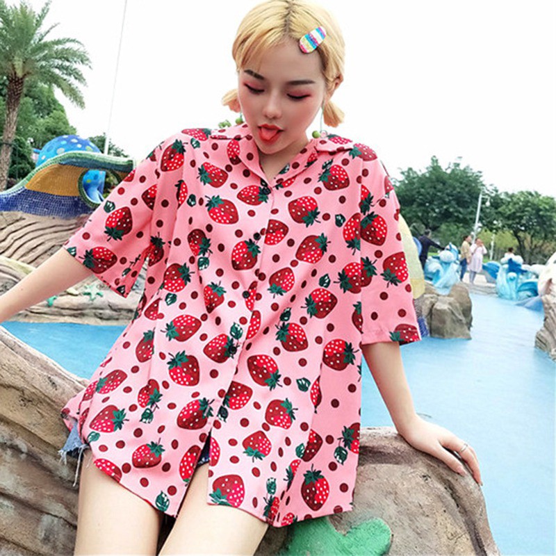 [Baywellfashion]Áo sơ mi nữ ngắn tay cổ bẻ in hình dâu tây dễ thương sơmi nữ | BigBuy360 - bigbuy360.vn