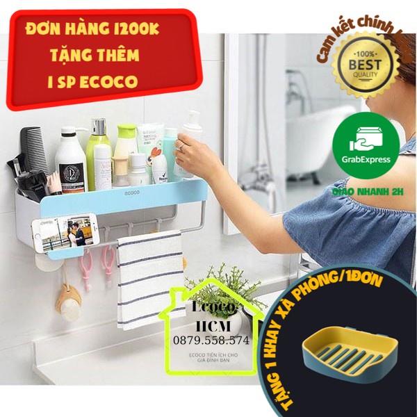 Kệ nhà tắm Ecoco đa năng, tiện ích, để dầu gội, sữa tắm, sữa rửa mặt,... có các móc treo, hốc để đồ và thanh phơi khăn