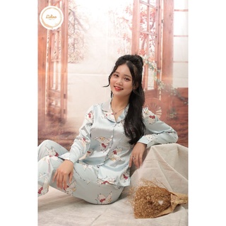 Pijama lụa dài tay, đồ mặc nhà cao cấp, hoạ tiết dễ thương, vải lụa cao cấp, pijama lụa mặc nhà nữ - Lidino Store