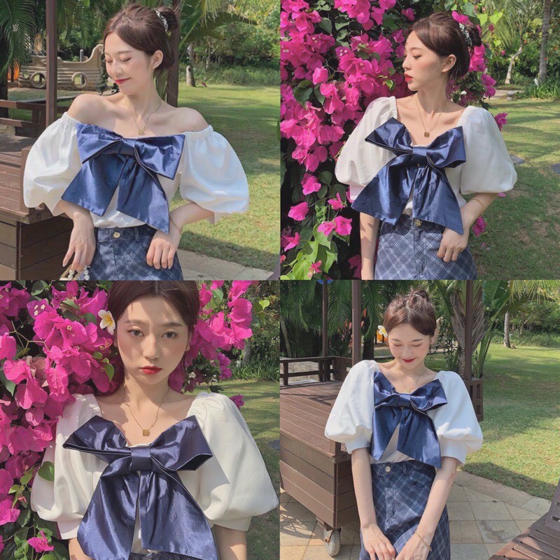 Áo croptop phối nơ màu xanh