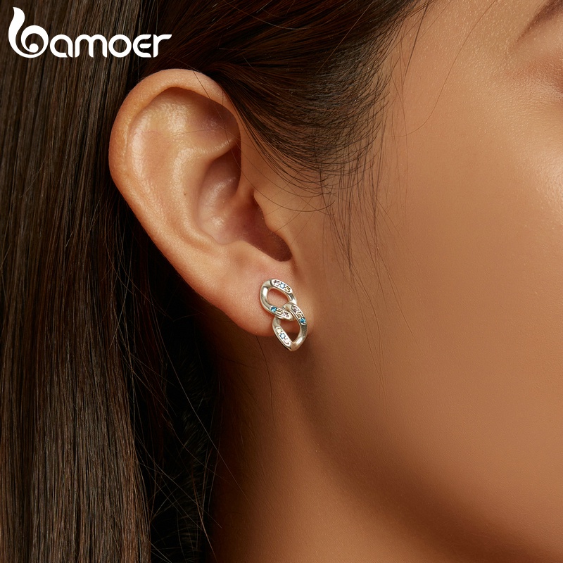 Đôi bông tai Bamoer SCE1377 bằng bạc 925 hình đầu xích đôi sành điệu cho nữ