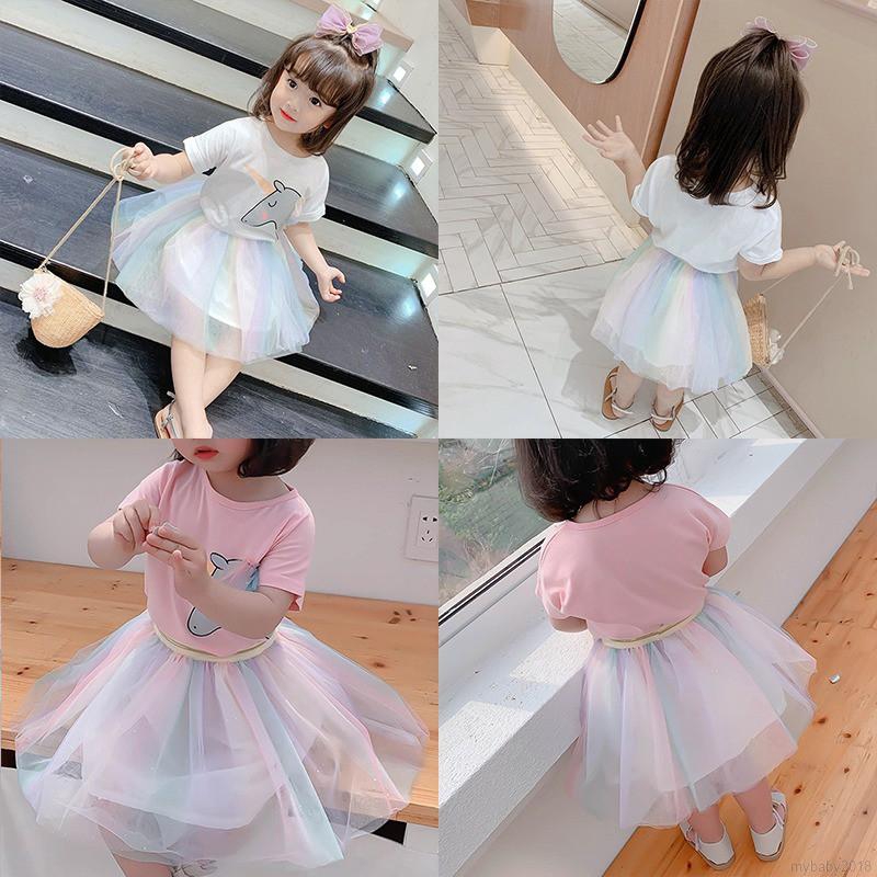 MYBABY Baby Girls Cartoon Print Flashing Shiny Top + Rainbow Gauze Skirt Suit