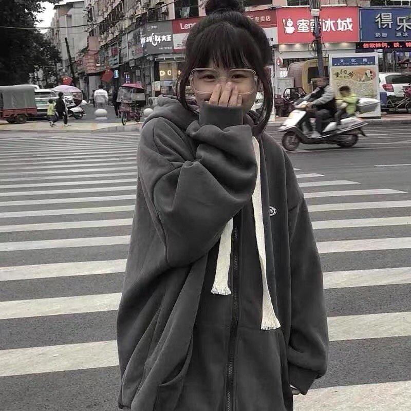 Áo khoác nỉ dáng rộng màu xám chuột phong cách Ulzzang