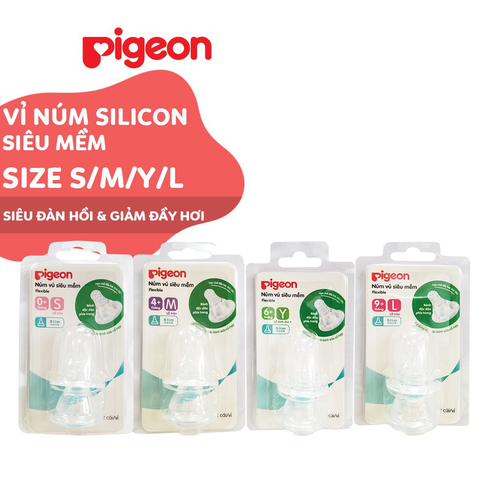 Núm vú Pigeon cổ hẹp silicone siêu mềm Size S M L Y (Hộp 2 cái)