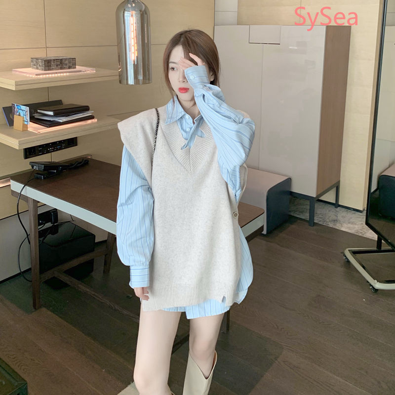 Set Áo Sơ Mi Dài Tay + Áo Khoác Len Không Tay Thời Trang Dành Cho Nữ | BigBuy360 - bigbuy360.vn