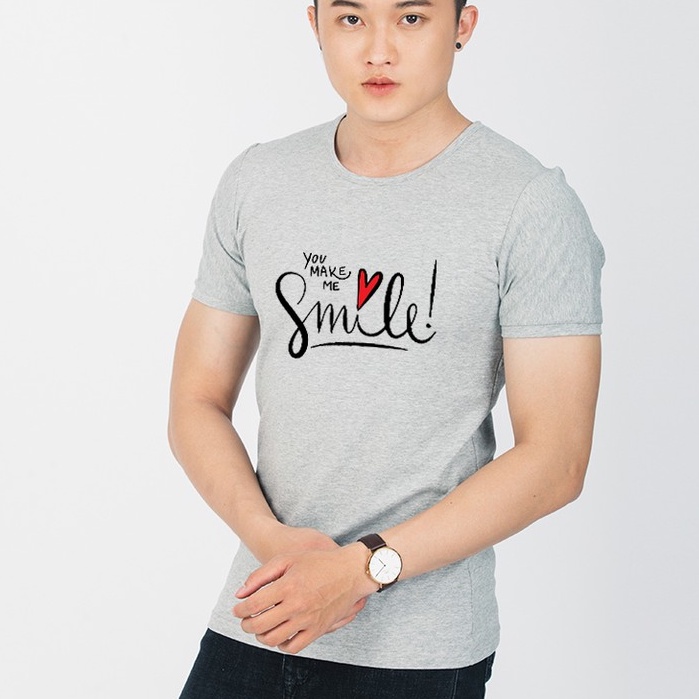 Áo Thun Nam Xám In Hình Smile Ngắn Tay Cổ Tròn Vài Dày Mịn