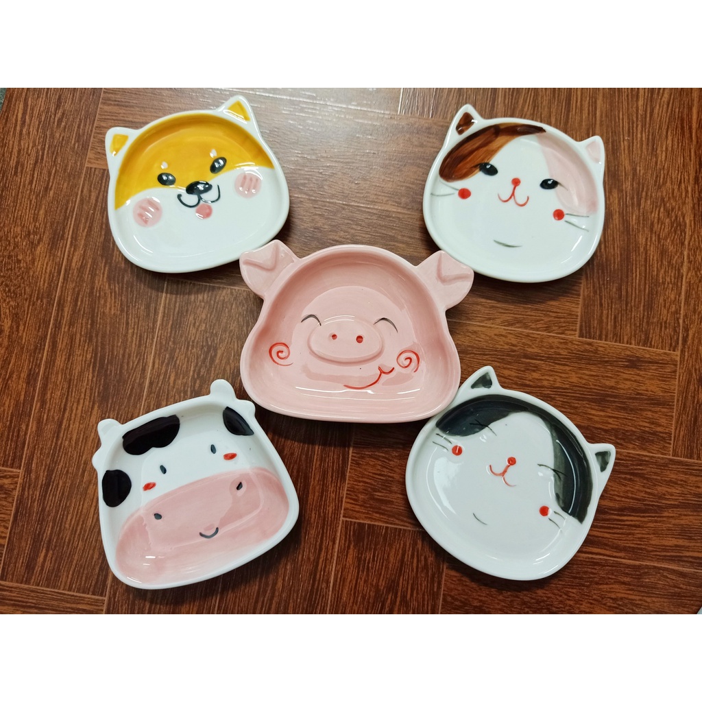 Đĩa gia vị bằng sứ hình bò sữa, cún, mèo, heo baby