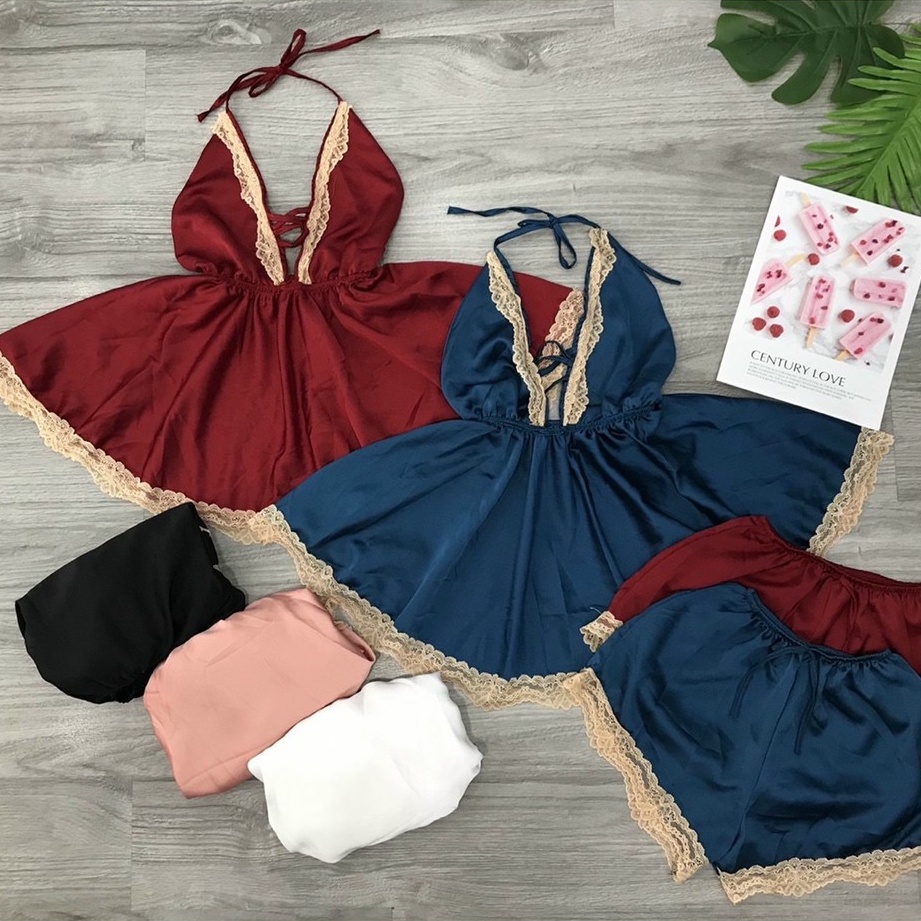 Đồ Ngủ Sexy Đan Dây Ngực Phối Ren Gợi Cảm Lụa Satin Cao Cấp Mềm Mại Kèm Quần Đùi Thoáng Mát Freesize - CN015 CINY | BigBuy360 - bigbuy360.vn