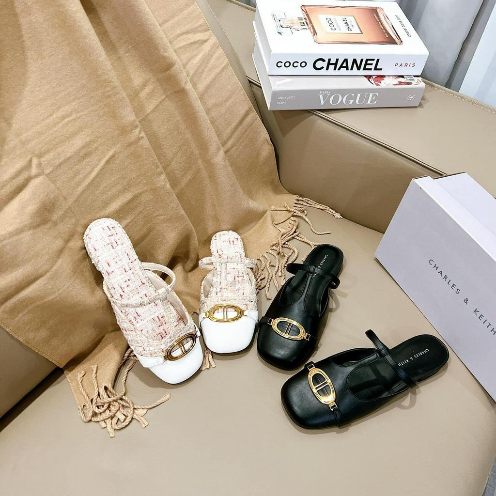 Giày sục nữ CK hàng Fullbox hở ngón 3 màu khuy vàng tiểu thư thanh lịch