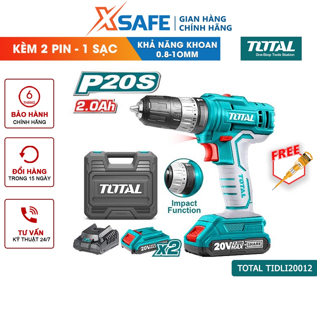 Máy khoan búa pin cầm tay 20V TOTAL TIDLI20012 nhông cơ khí hai tốc độ 400-1500v/p, lực đập 22500v/p, kèm 2 pin 1 sạc