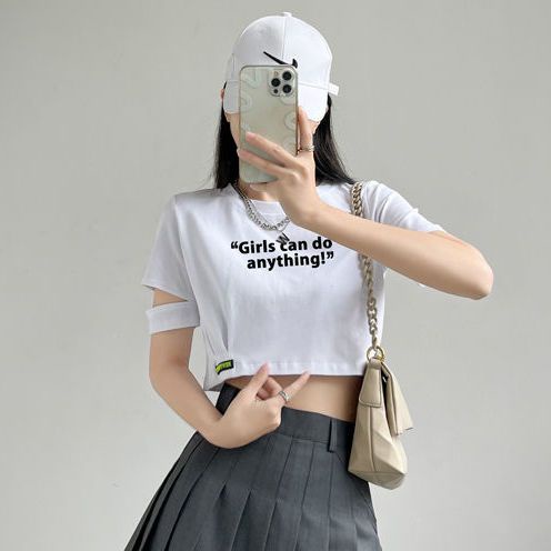 Áo Thun Dáng Rộng Ngắn Hở Rốn Màu Xanh Dương Hợp Thời Trang Mùa Hè Hàng Mới Dành Cho Bạn Nữ Thiết Kế Cảm Giác Cưỡi Sóng Gió Độc Đáo