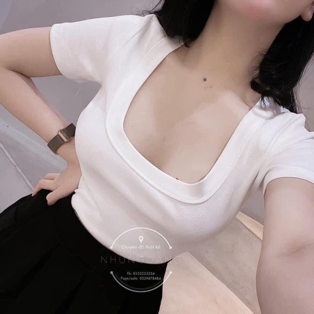 Áo thun cổ vuông nữ tay ngắn croptop chất bozip co giãn 4 chiều màu đen trắng thời trang DUMISA | BigBuy360 - bigbuy360.vn