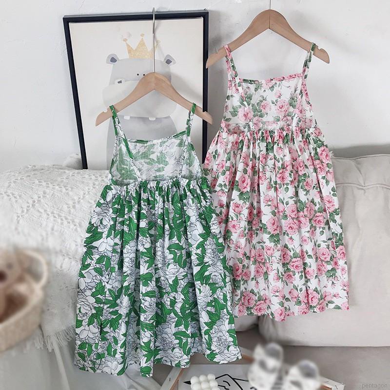 Đầm Công Chúa Hai Dây Hở Lưng In Hoa Phong Cách Hàn Quốc Cho Bé Gái