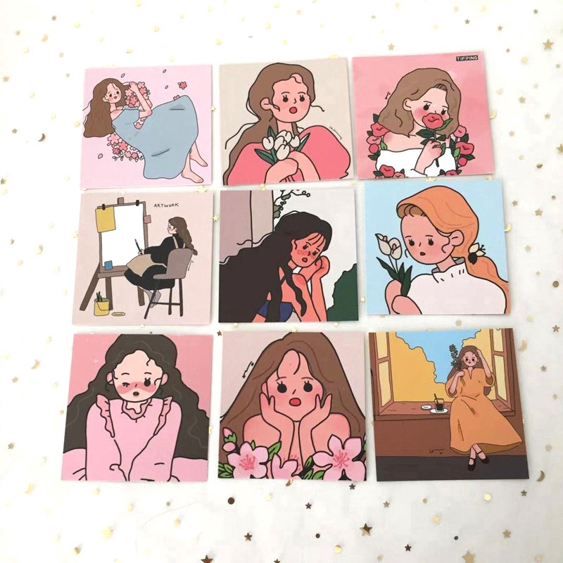 Set 9 Thẻ Giấy Trang Trí Họa Tiết Bé Gái Dễ Thương