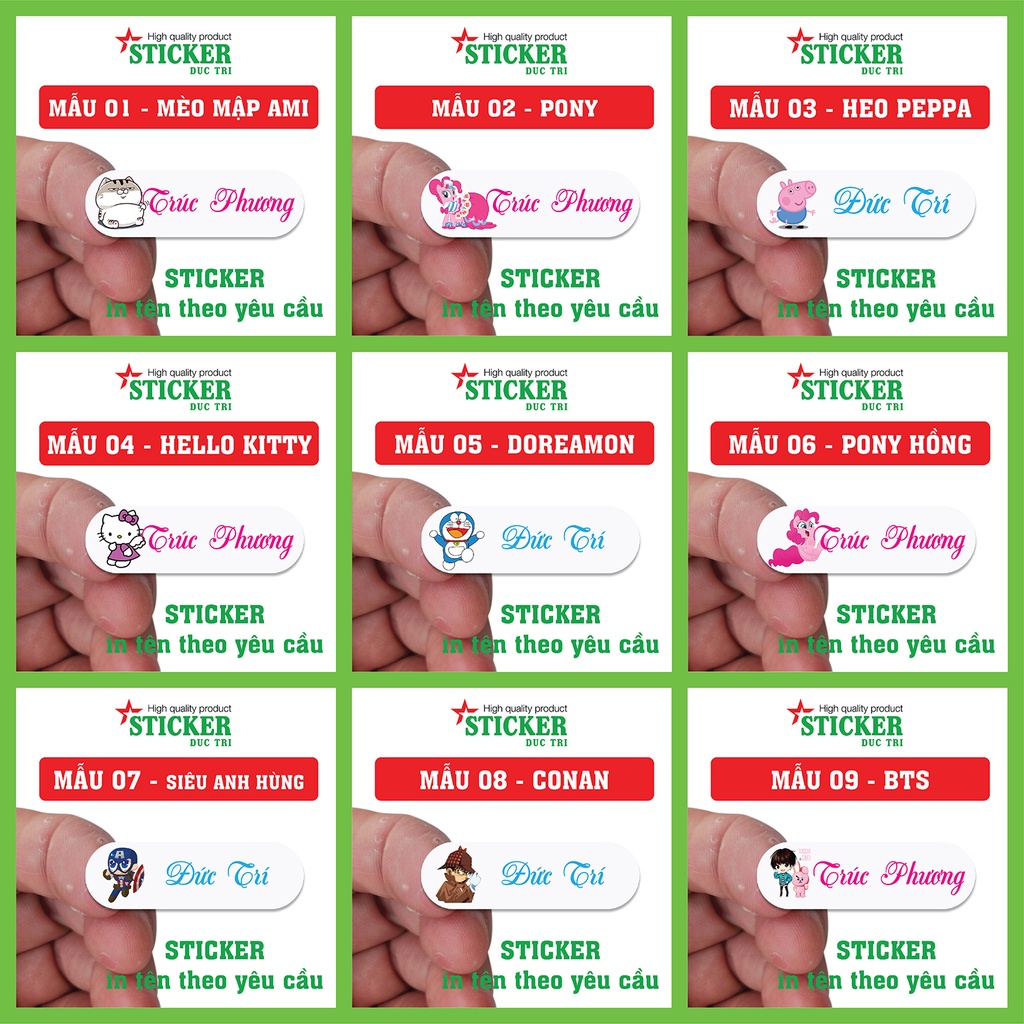 55 Sticker Miếng Dán Tem Tên Bé in theo yêu cầu  (Decal nhựa chống nước). M01-M20