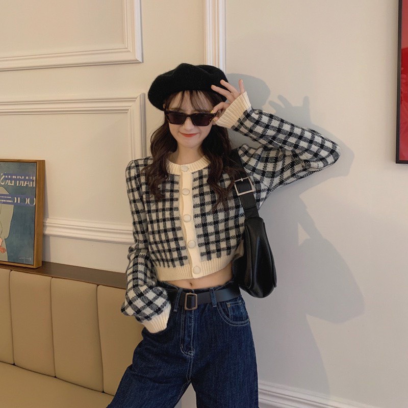áo khoác len cardigan croptop họa tiết caro phong cách hàn quốc hottrend A144 SUTANO