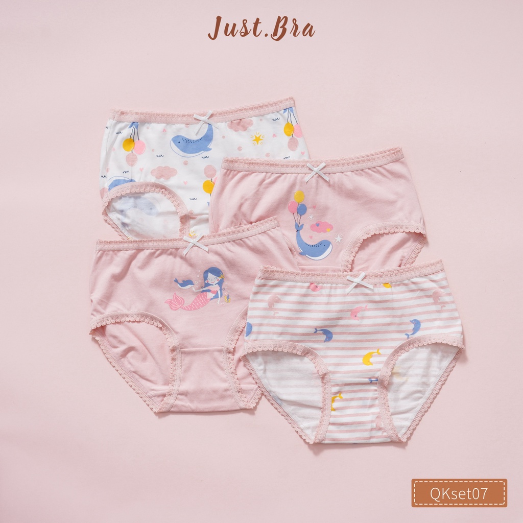 Set 4 quần chip trẻ em Just Bra thiết kế viền ren họa tiết dễ thương cho bé QKset07