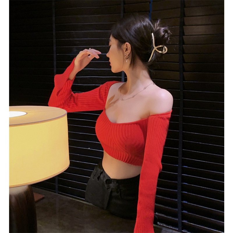 QKOOLE  Áo Croptop Dệt Kim Tay Dài Cổ Vuông Màu Sắc Đơn Giản Phong Cách Hàn Quốc Cho Nữ