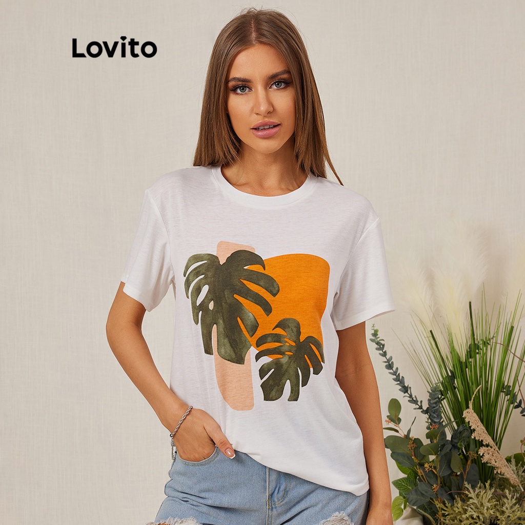 Áo thun Lovito tay ngắn cổ tròn phong cách thường ngày nhiệt đới mùa hè L18D046 (Màu trắng)