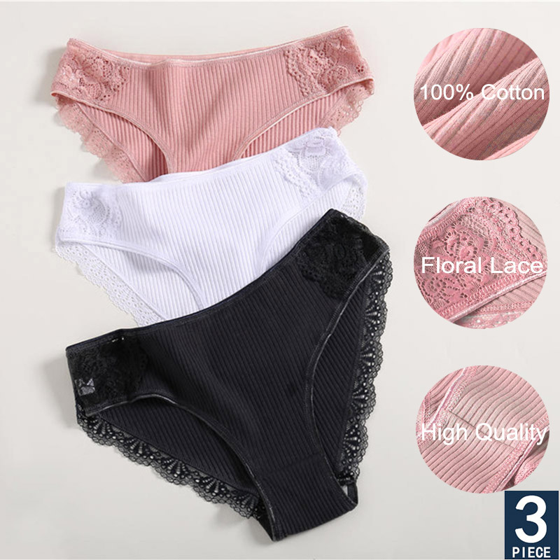 Bộ 3 quần lót cotton FINETOO phối ren hoa xinh xắn dành cho nữ