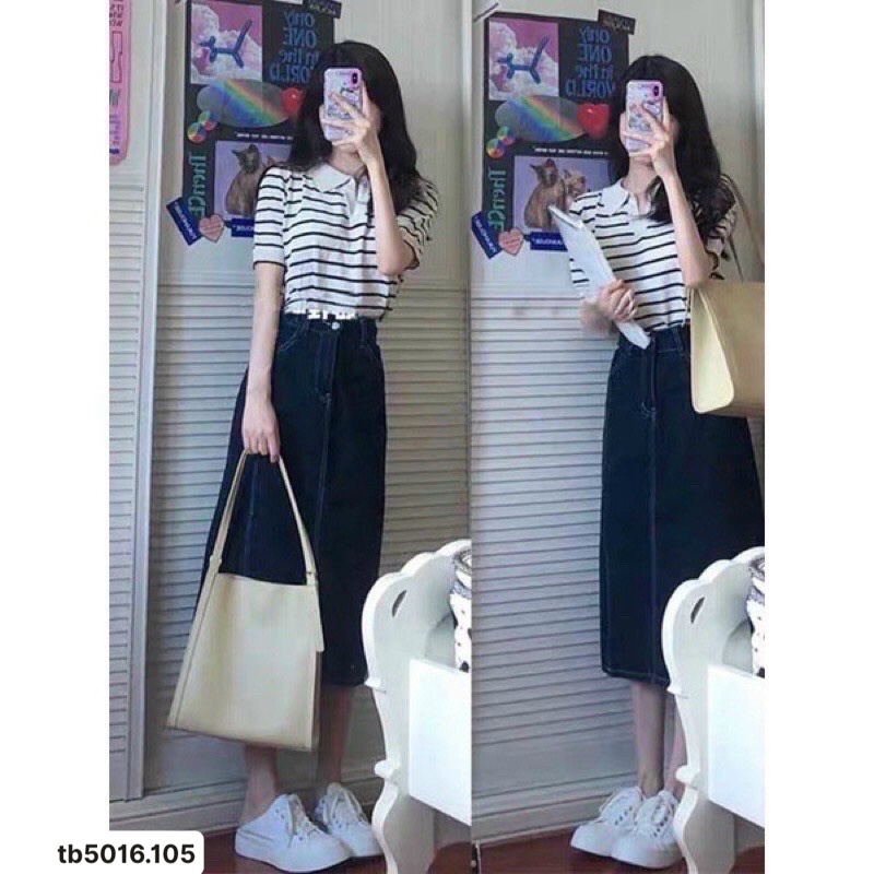 Chân váy midi viền chỉ nổi giả jean khuy trước chun sau xẻ tà cực xinh thời trang Banamo fashion váy chỉ nổi 5343