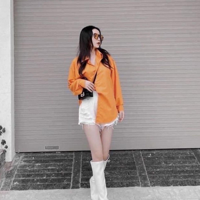 LS_ATN749 Áo sơ mi cổ đức màu cam dài tay cho nữ