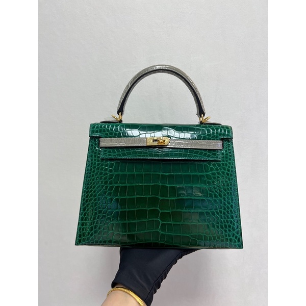Túi xách nữ thương hiệu Hermes Kelly 25 da cá sấu cao cấp khâu tay bản màu xanh phối xám