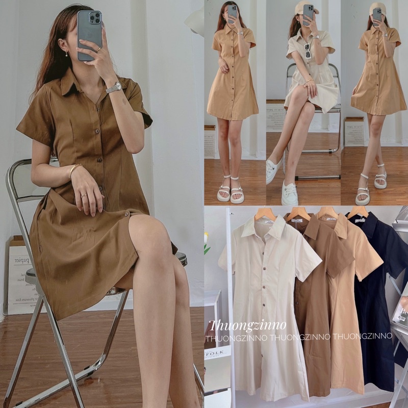 [Ảnh thật/Video]Váy sơ mi cộc tay cổ đức thiết kế cúc gỗ siêu Hàn Quốc Đầm sơ mi dáng ngắn dễ mặc