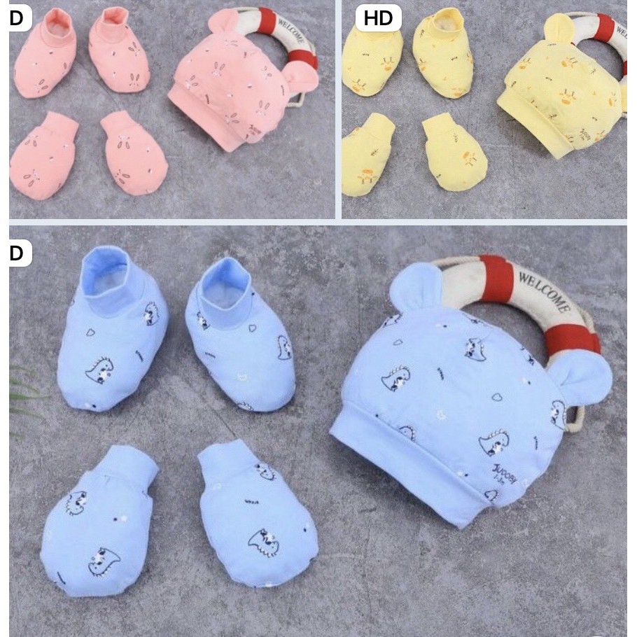 Set mũ + bao tay bao chân thu đông cho bé 0-2 tháng
