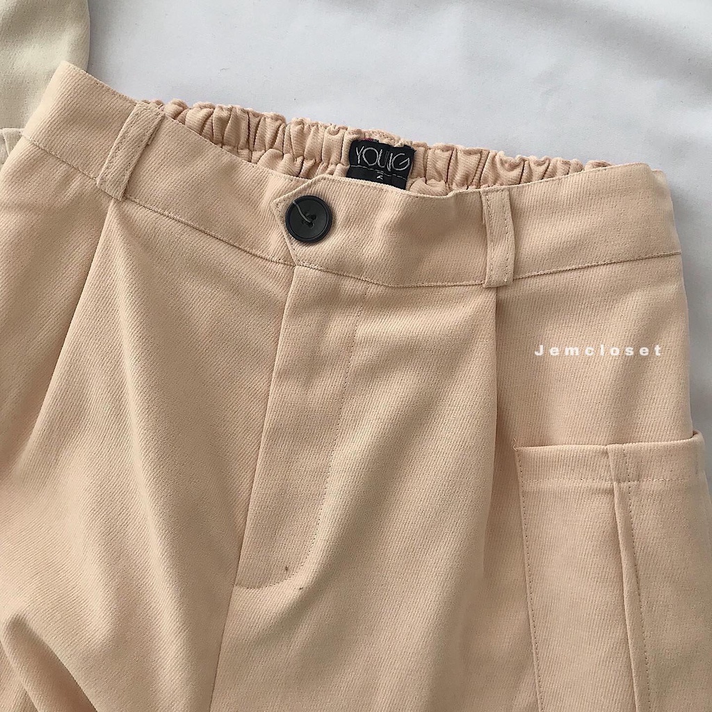 Quần Jogger Nữ Ống Rộng JEM CLOSET Chất Nhung Gân Quần Jogger Túi Hộp Nữ MOLEE Dáng Dài Che Khuyết Điểm Chân To 2647