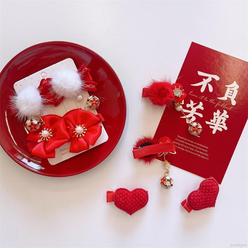 Set 4 kẹp tóc tua rua màu đỏ may mắn dành cho bé