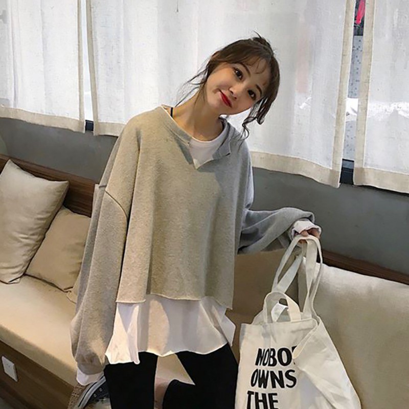 Áo Sweater tay dài màu trơn thiết kế dáng rộng thoải mái