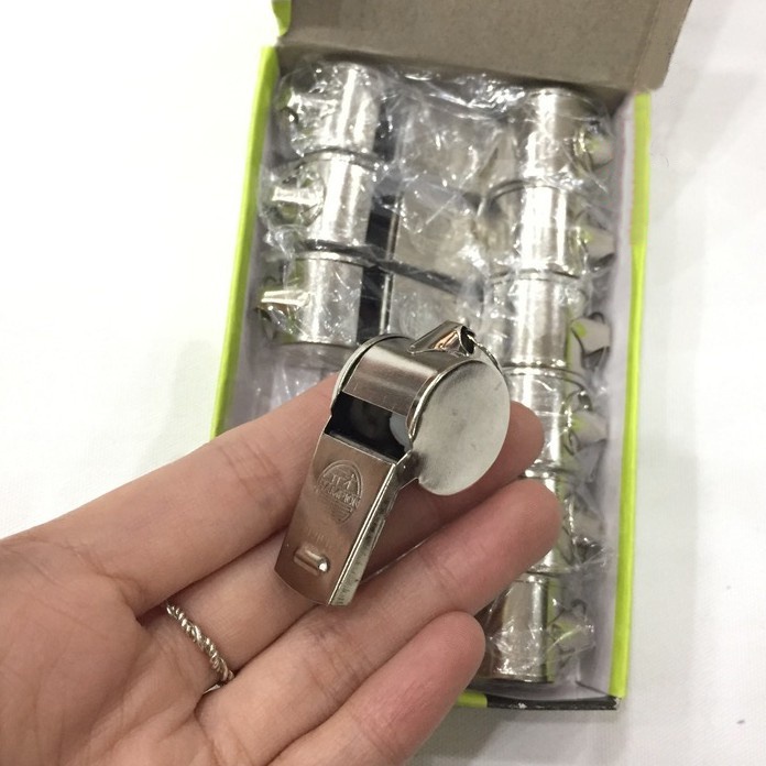 Còi thổi inox thể thao hộp 12 cái, còi thể thao, còi trọng tài, còi báo động