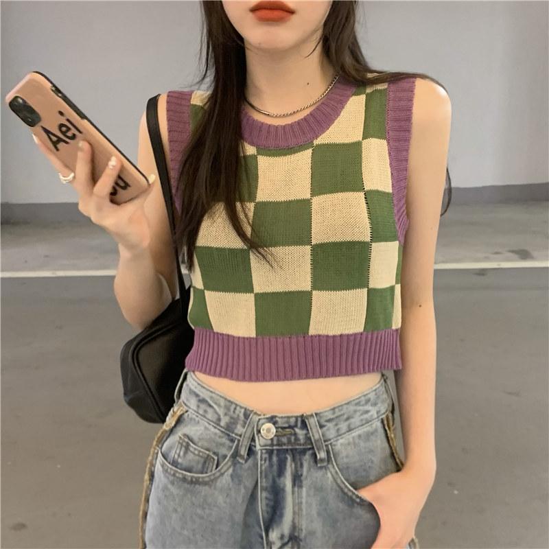 VN639 JinYi Áo Gile len áo ba lỗ dệt kim kẻ caro cá tính thời trang