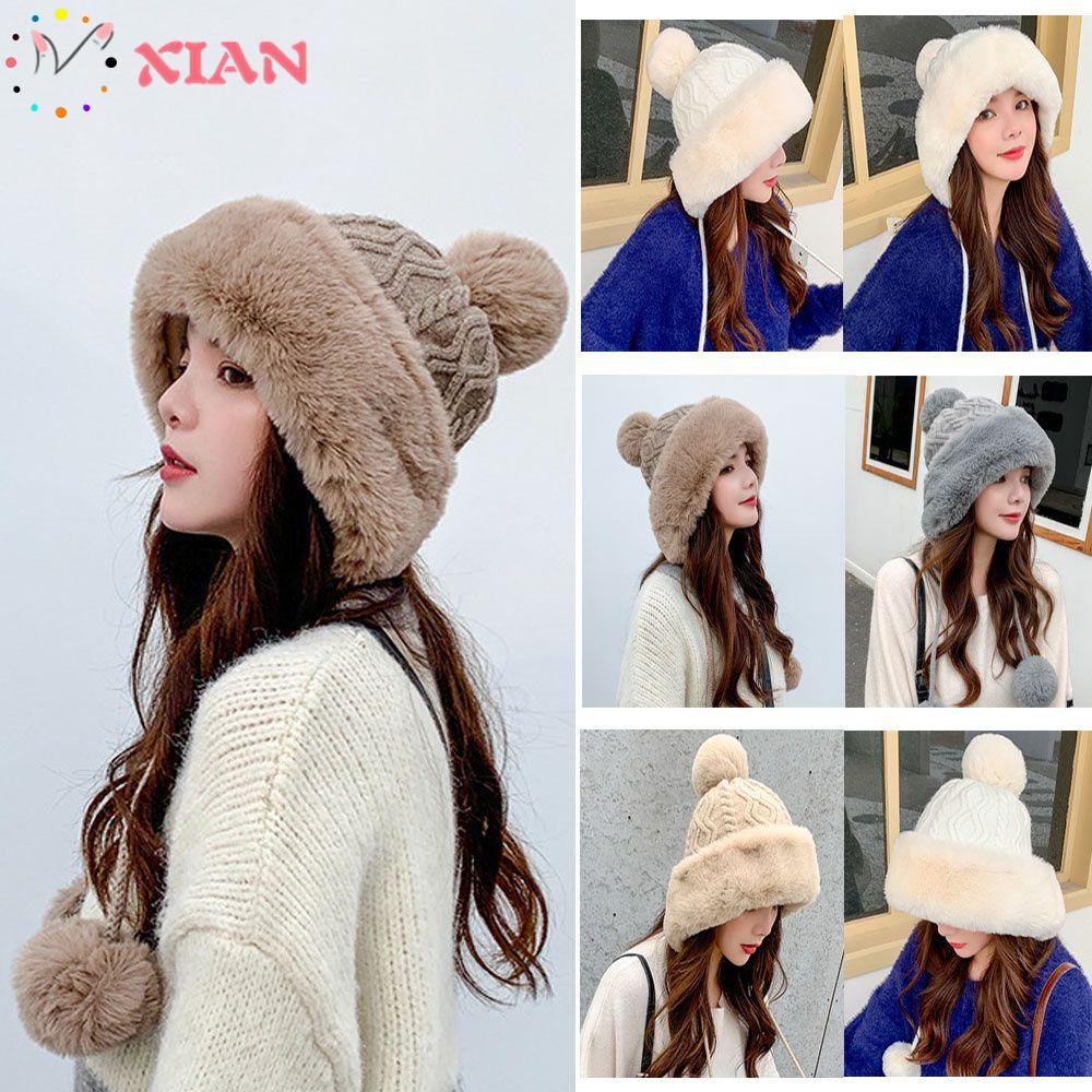 Mũ beanie đính quả bông dày dặn giữ ấm mùa đông dành cho nữ