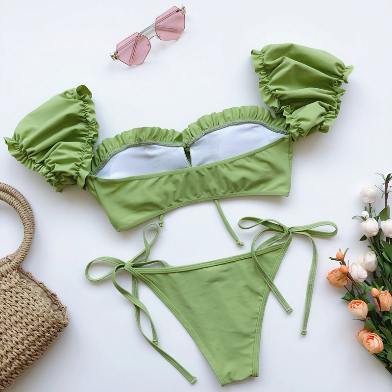 Bikini DUNEA màu trơn tay phồng có dây cột cắt xẻ thời trang phong cách cho nữ