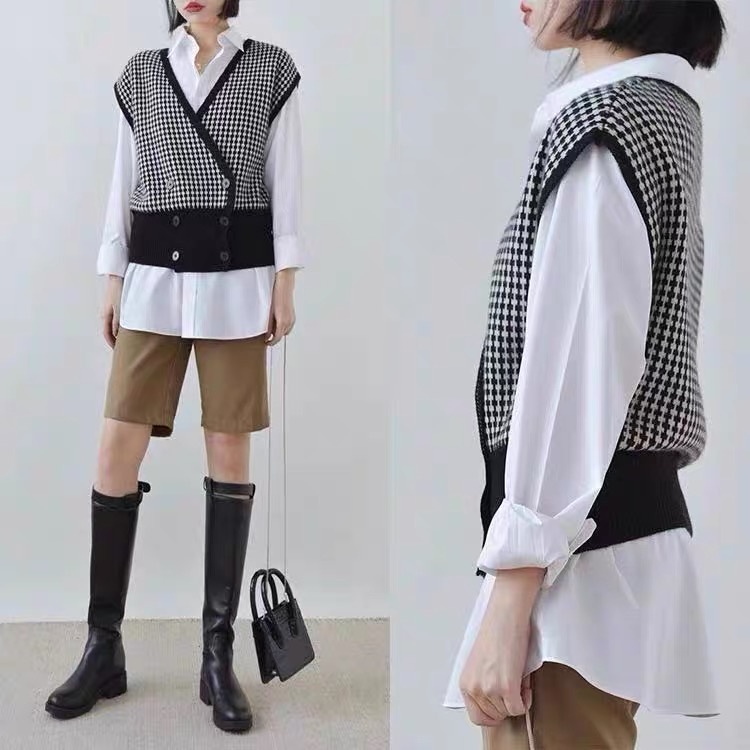Áo gile kẻ caro phối cúc Forgirl kiểu dáng Hàn Quốc hiện đại