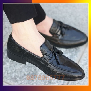 Giày Lười Nam Đẹp Dập Vân Cá Sấu Kết Hợp Nơ Chuông Có Đế Khâu Chắc Chắn Mã L177