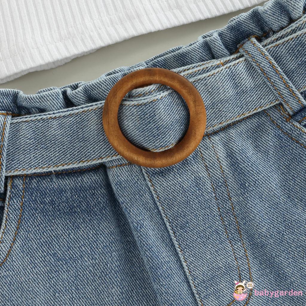 Bộ Áo Sát Nách Cổ Cao + Quần Short Denim Lưng Cao Kèm Thắt Lưng Thời Trang Mùa Hè Cho Bé Gái 1-6 Tuổi