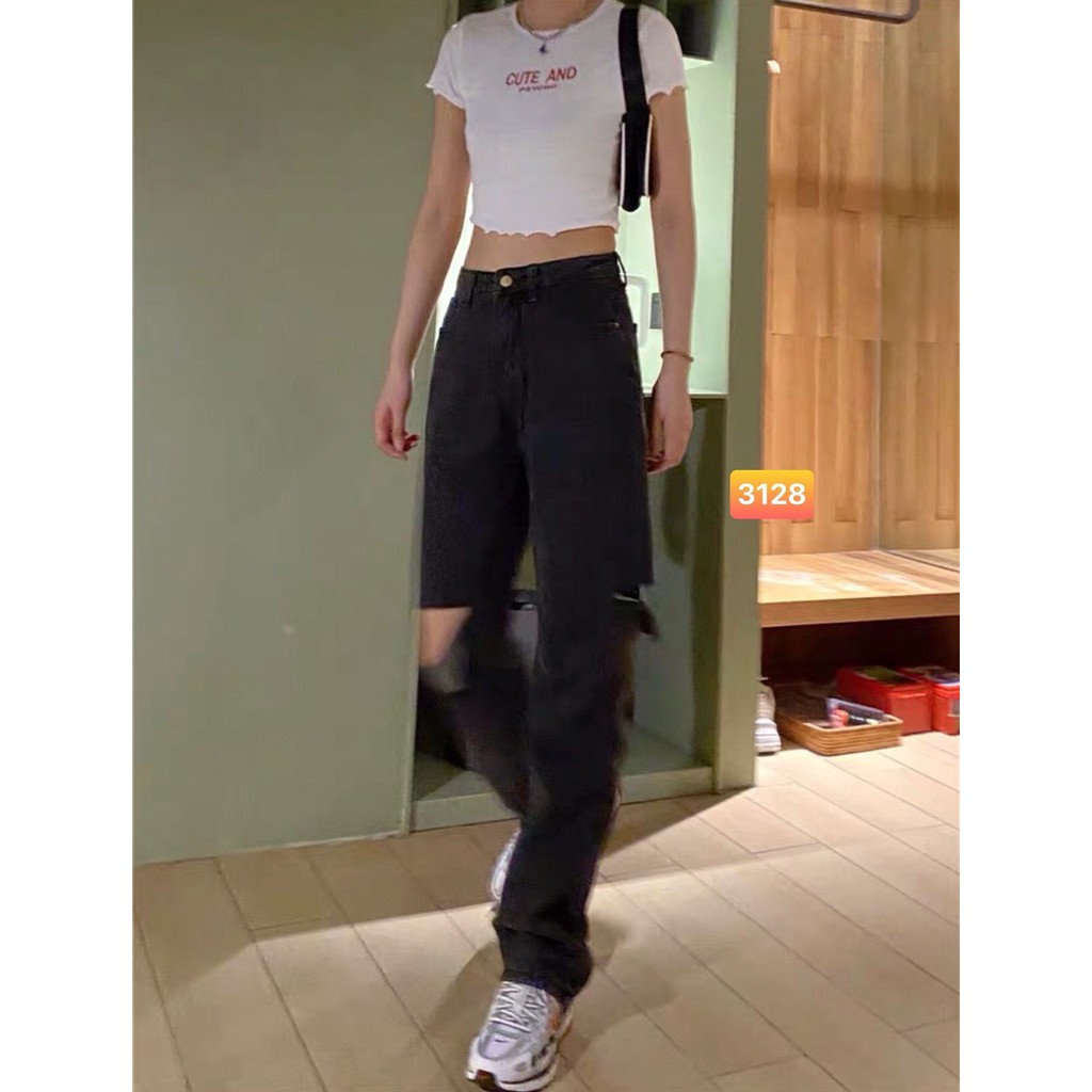 siêu hot quần ống rộng màu đen rách gối, quần jean nữ, quần baggy