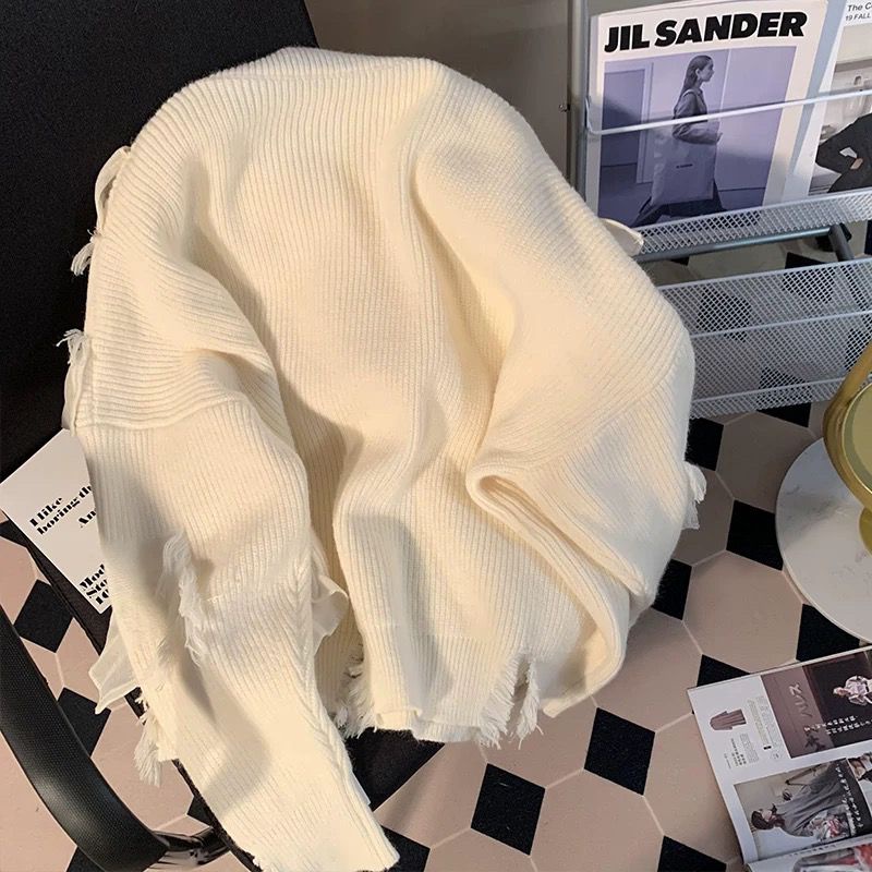 Áo Sweater Dệt Kim Sáp Mềm Dáng Rộng Phối Bèo Phong Cách Ngọt Ngào Thời Trang Mùa Thu