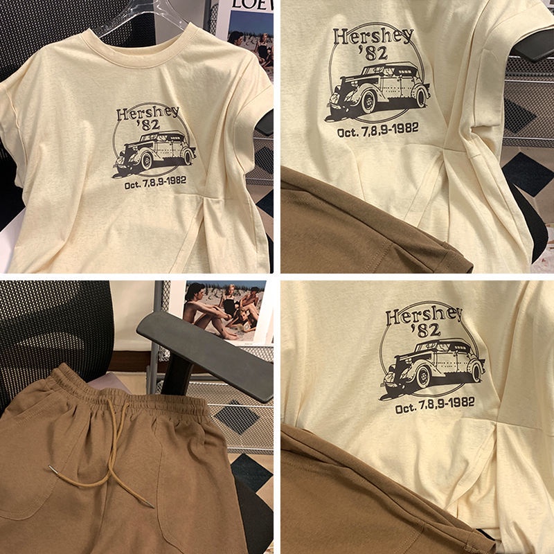 Set Áo Thun Ngắn Tay Cổ Tròn + Quần Short Lưng Thun Thời Trang Nữ