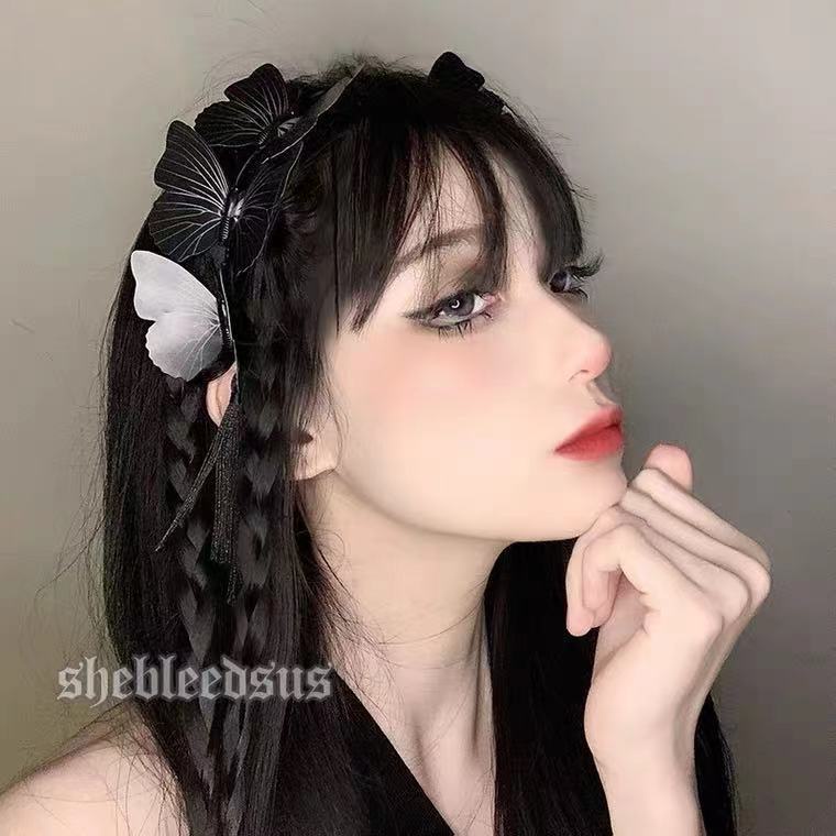 Cài Tóc Tua Rua Hình Bướm Màu Đen Phong Cách Gothic Cho Nữ băng đô