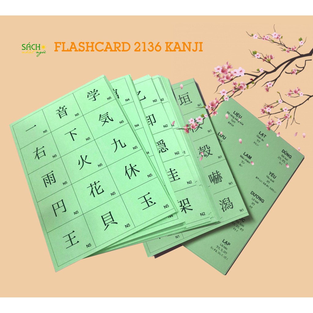 Bộ Flashcard 2136 Kanji  N5 - N1 thường dùng trong tiếng Nhật kích thước 4 x 4.5