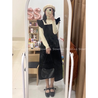 Set áo len mỏng váy yếm nhung